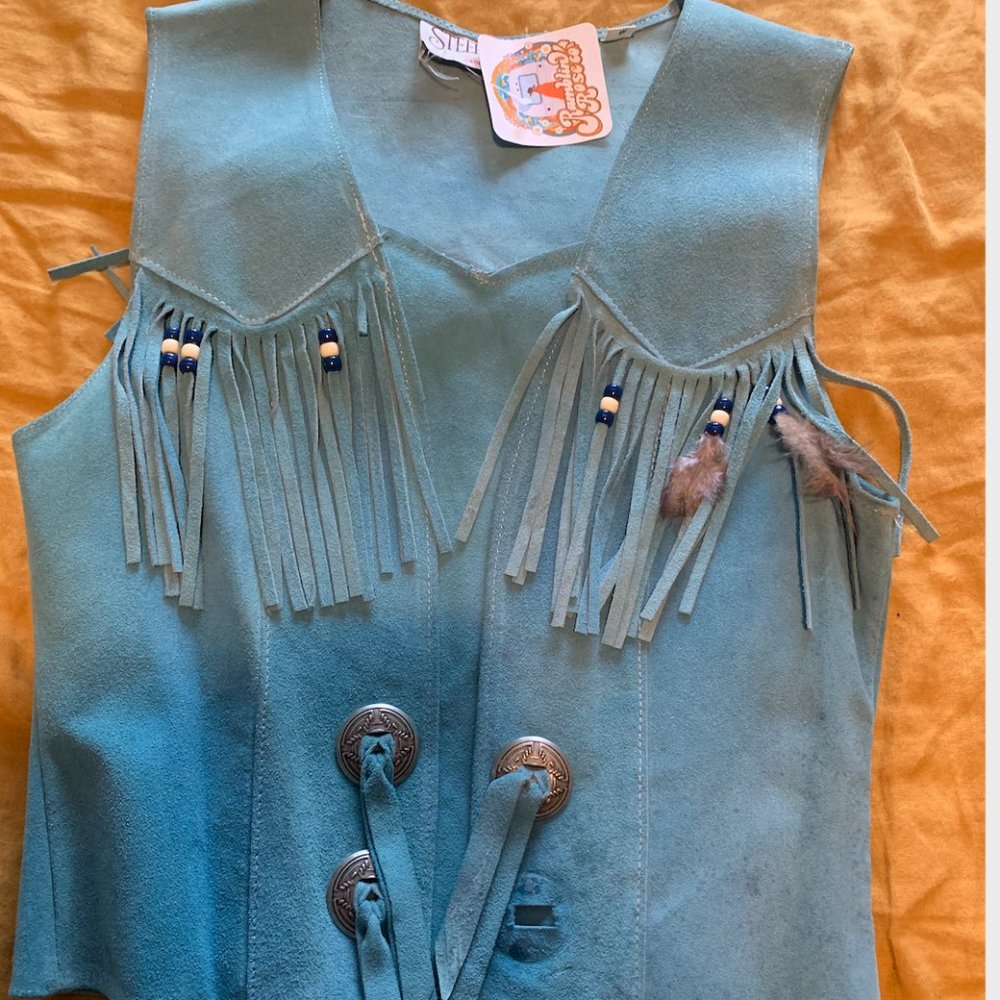 70's Vintage Blue Suede Vest with Tassels, Western Style, Cowboy Vest